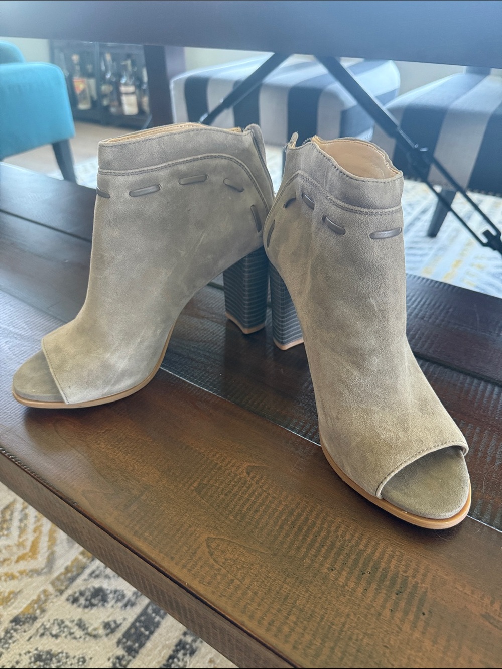 Nine West Taupe Suede Peep-Toe Block Heel Booties - Picture 2 of 5